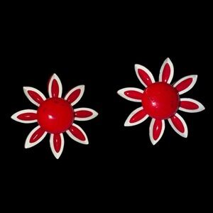Vintage pair of clip on earrings- red & white flowers some small black marks